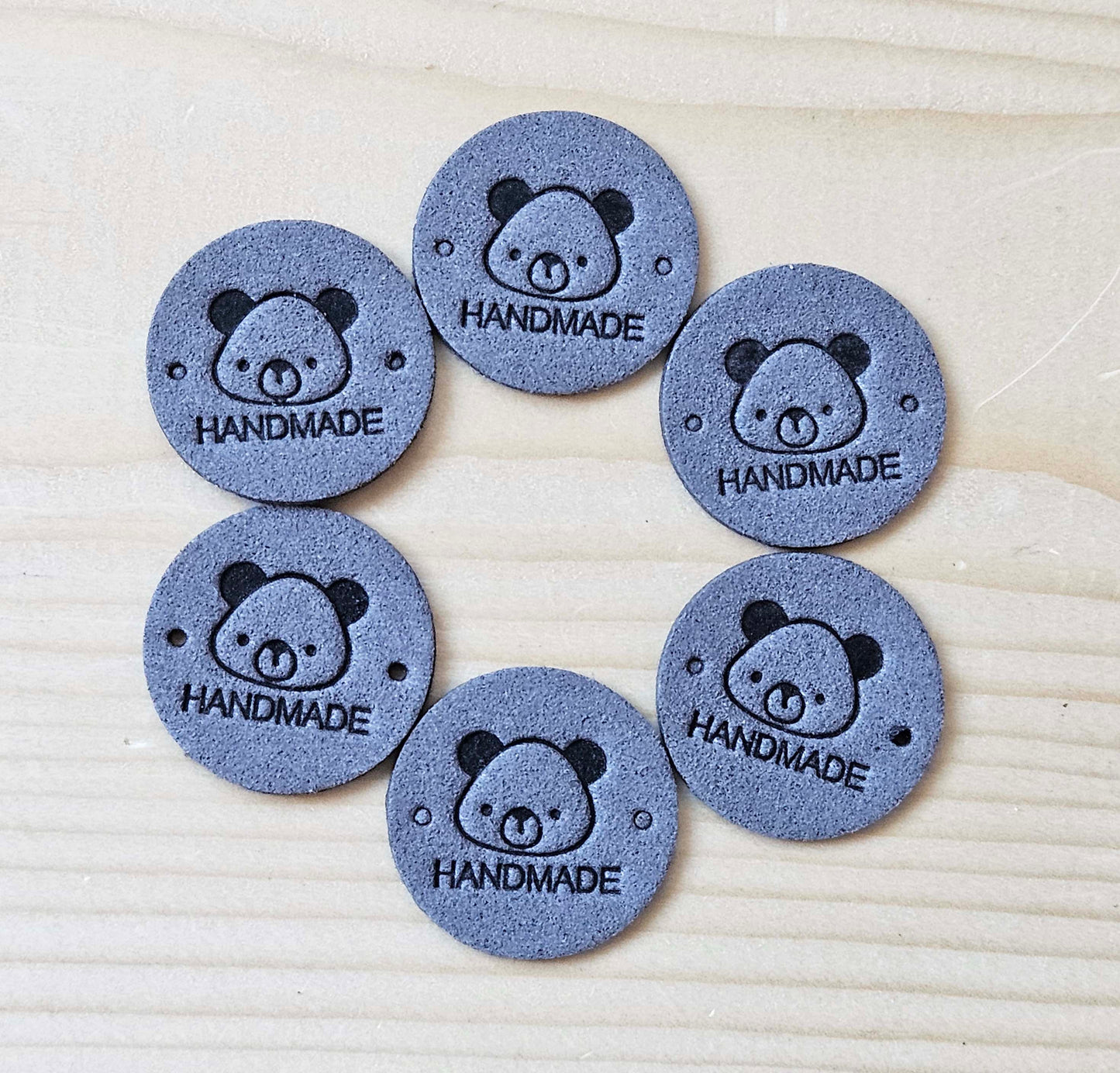 BEAR HANDMADE TAGS / Set of 5 / Round Handmade Labels / Faux Suede Labels / Faux Leather Labels / Garment Tags