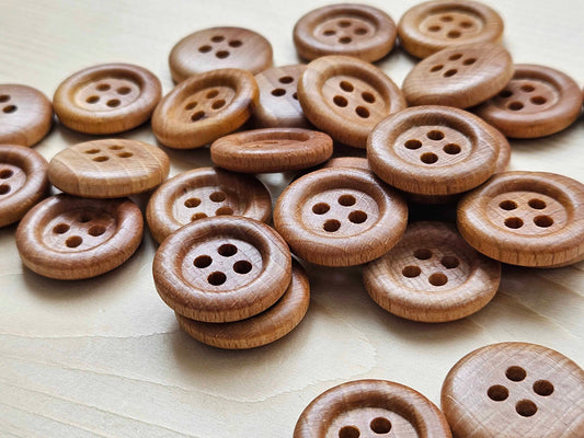MADE IN ITALY Classic Beech Wood Buttons — 4-Hole Natural Sewing Buttons 23mm (Set of 4)