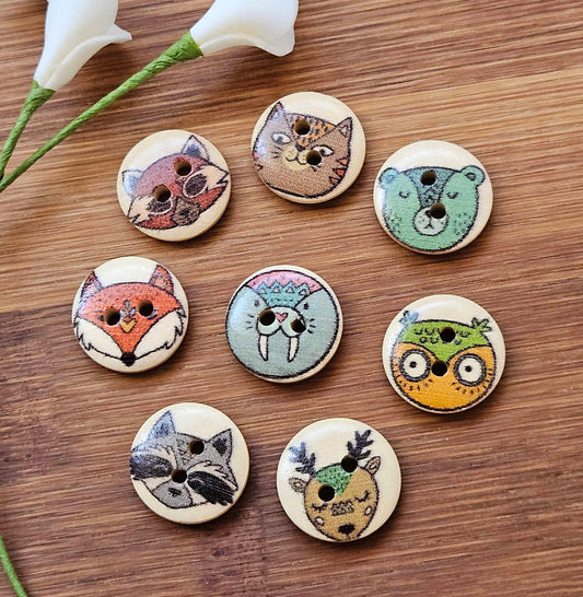 BIG HEAD ANIMALS / 15mm - 6 buttons / Wooden Buttons / Sewing Buttons