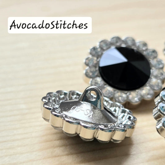 BLACK STARBURST / Metal Shank Buttons with Rhinestones / 20mm - Set of 4 buttons / Sewing Buttons