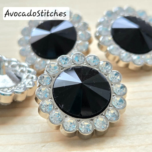 BLACK STARBURST / Metal Shank Buttons with Rhinestones / 20mm - Set of 4 buttons / Sewing Buttons