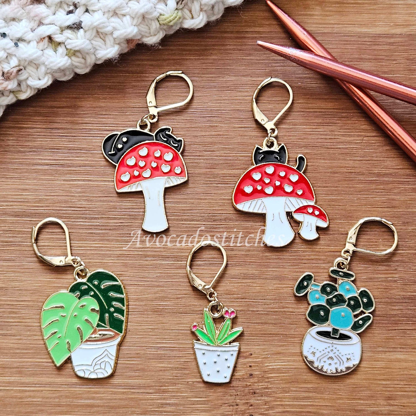 BLACK CATS & PLANTS - 5 pieces / Knitting Crochet Stitch Markers / Notions