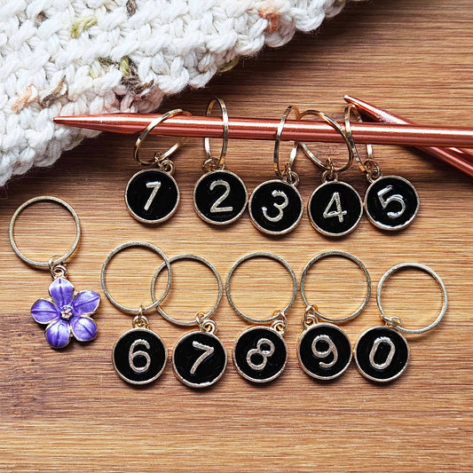 BLACK NUMBERED MARKERS & Purple Flower / 11pcs / Numbered Stitch Markers / Row Counter Markers / Crochet Knitting Stitch Markers / Notions