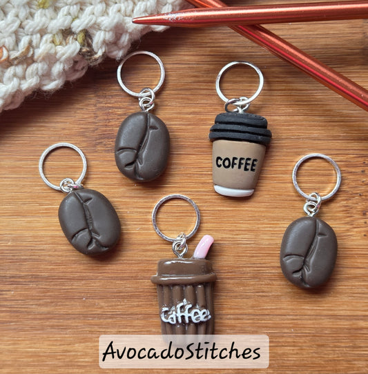 BREW & BEANS – 5 Pieces / Knitting Crochet Stitch Markers / Notions