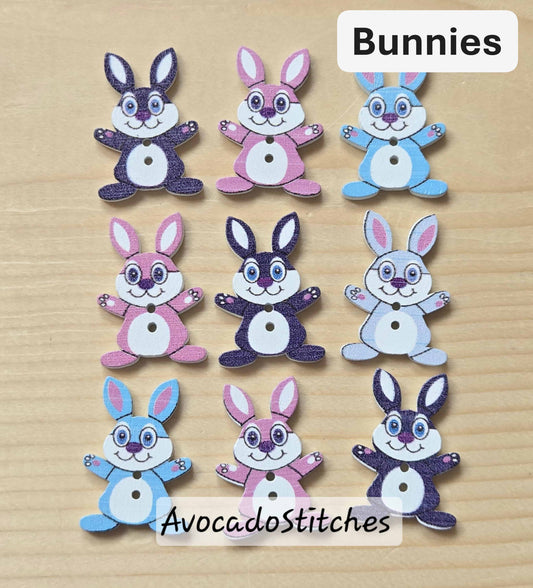 Bunnies / Wooden Buttons (Set of 10)