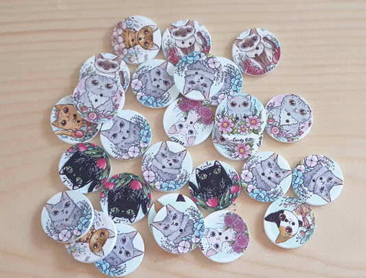 CAT & FLOWERS / Wooden Buttons / 20-25mm (Set of 8)