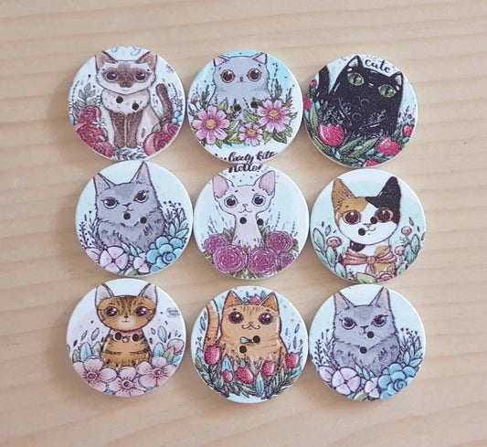 CAT & FLOWERS / Wooden Buttons / 20-25mm (Set of 8)