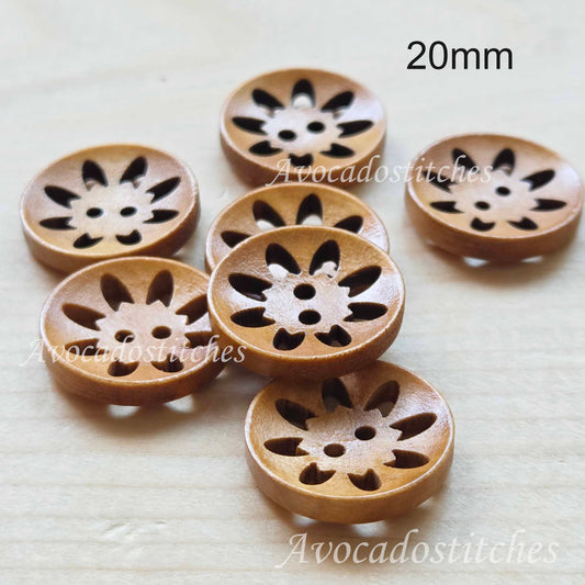 CARNATION Brown / 18mm 20mm - 6 buttons / Wooden Filigree Buttons / Sewing Buttons