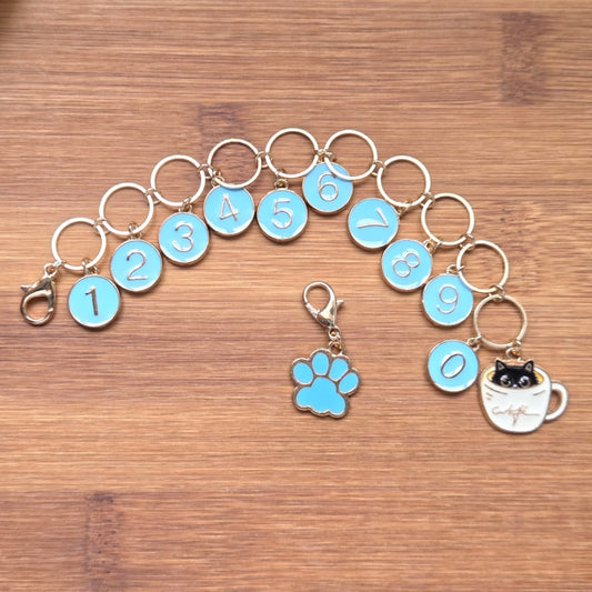 Cat in a Cup Progress Keeper Chain / Numbered Stitch Markers / Row Counter / Knitting Crochet Stitch Markers / Notions