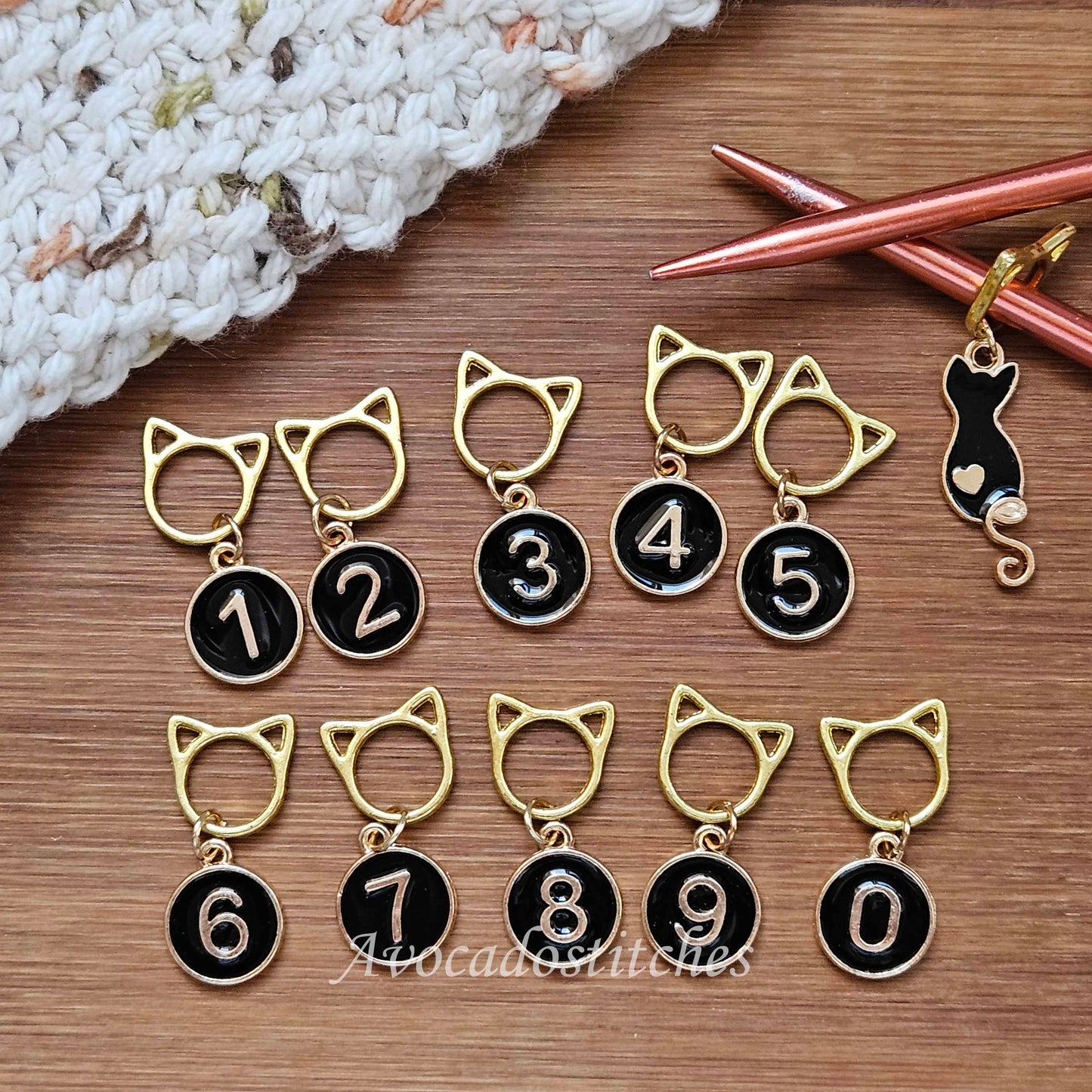 CAT & NUMBERS / 11pcs / Numbered Stitch Markers / Row Counter Markers / Crochet Knitting Stitch Markers / Notions