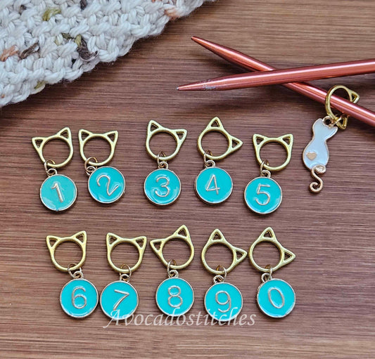 WHITE Cat TURQUOISE BLUE Numbers / 11pcs / Numbered Stitch Markers / Row Counter Markers / Crochet Knitting Stitch Markers / Notions