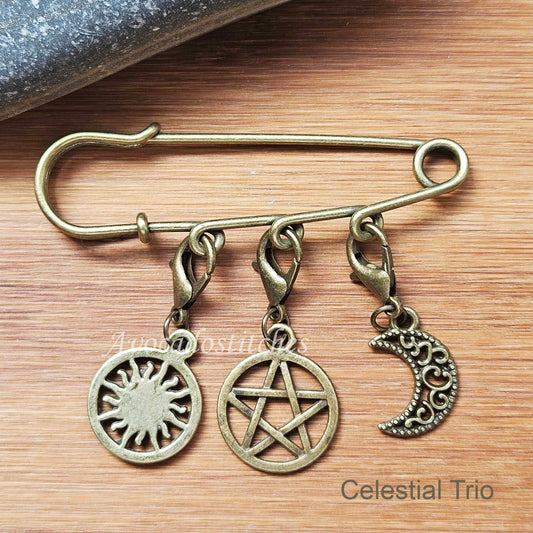 CELESTIAL TRIO - Tibetan-Style Stitch Marker & Holder Set / 4 pieces / Brooch / Scarf Shawl Pin / Crochet Knitting Notions