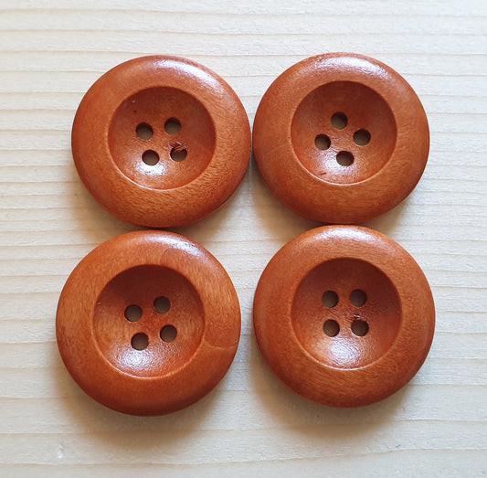 THICK EDGE / Cinnamon Brown 4-Hole Wooden Buttons / 25mm (Set of 6)