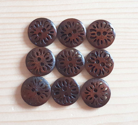 COMMON DAISY DARK BROWN / 15mm / Set of 8 buttons / Wooden Filigree Buttons / Sewing Buttons