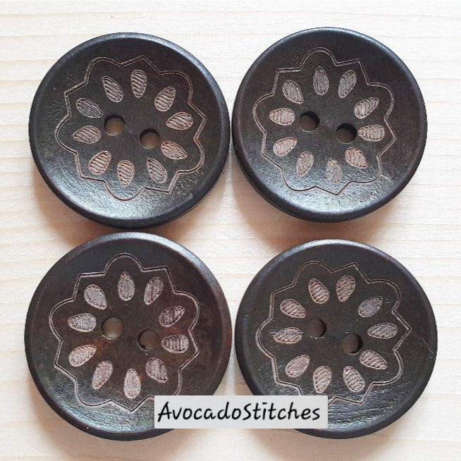 Clearance // COSMOS / Wooden Buttons / 25mm - 4 buttons / Dark Brown / Sewing Buttons