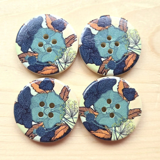 DEEP BLUE BLOOM / Wooden Buttons / 30mm (Set of 6)