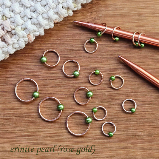 ERINITE PEARL Stitch Markers / 10 pcs / Rose Gold or Silver / Snag Free / Knitting Notions