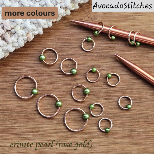 ERINITE PEARL Stitch Markers / 10 pcs / Rose Gold or Silver / Snag Free Stitch Markers / Knitting Notions
