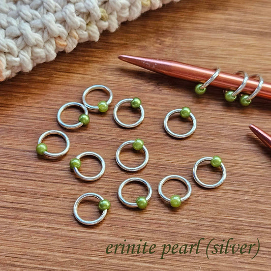 ERINITE PEARL Stitch Markers / 10 pcs / Silver Snag Free Stitch Markers / Notions