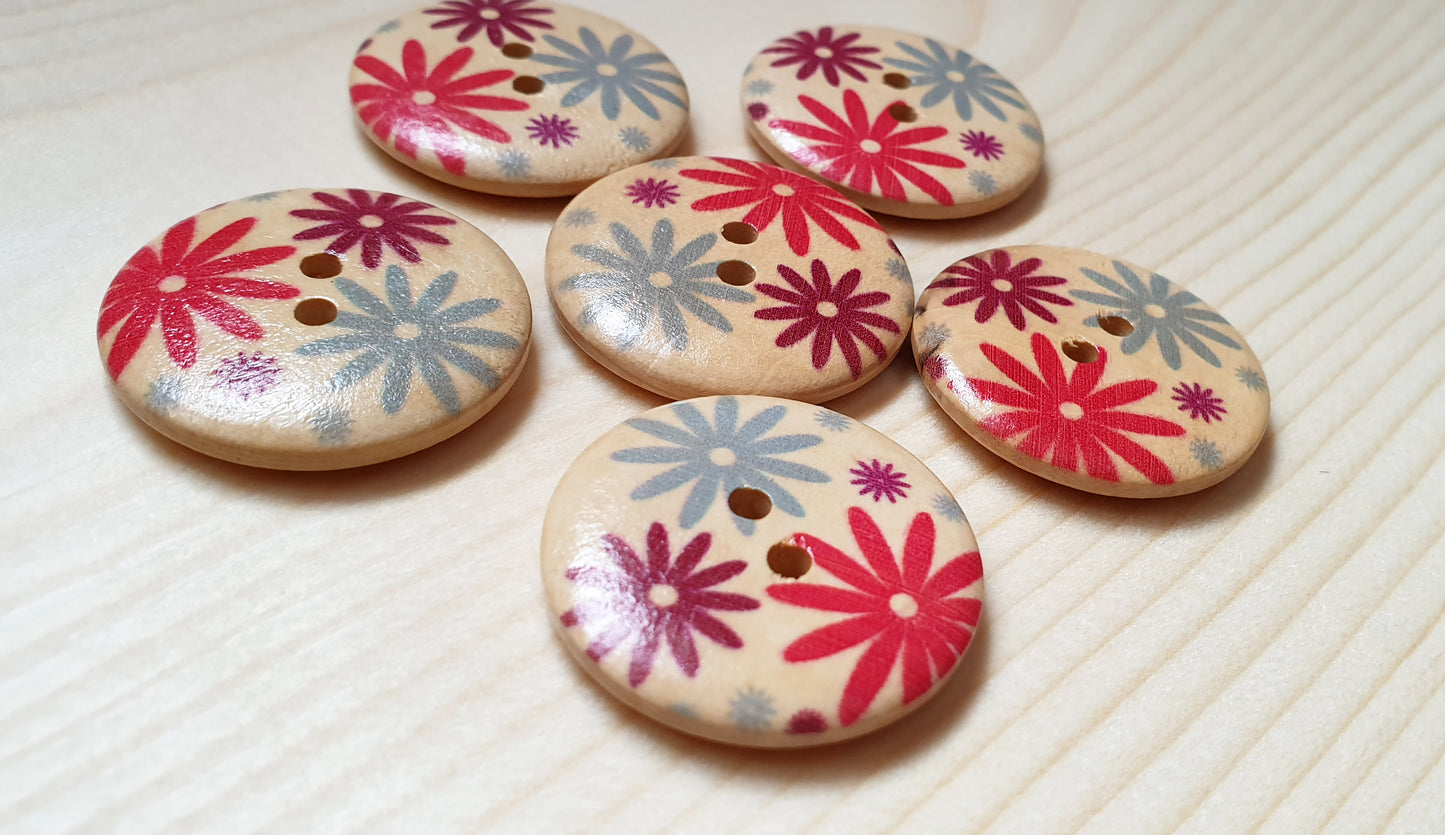 FLOWERWORKS - RED / 30mm / Set of 5 buttons / Wooden Buttons / Sewing Buttons