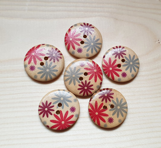 FLOWERWORKS - RED / 30mm / Set of 5 buttons / Wooden Buttons / Sewing Buttons