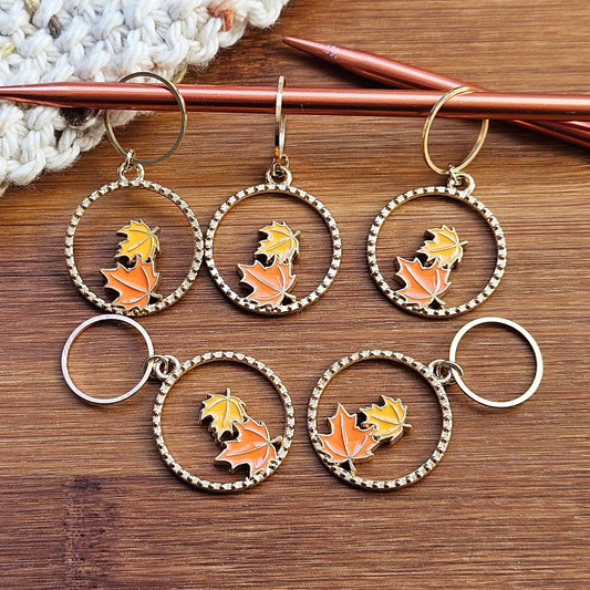 FALL LEAVES - 5 pieces / Knitting Crochet Stitch Markers / Notions