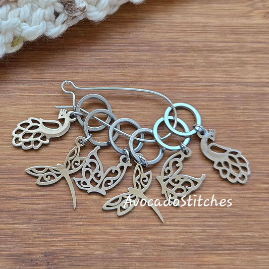 FEATHER & FLUTTER (3 pieces) - Stainless Steel Series / Knitting Crochet Stitch Markers / Notions