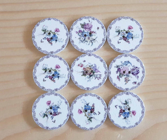 FLOWER PAINTING / Wooden Buttons / 20-25mm (Set of 8)