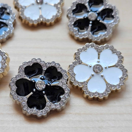 GLITTERING PETALS SHANK / Metal Enamel Shank Buttons with Rhinestones / 24mm (Set of 2)