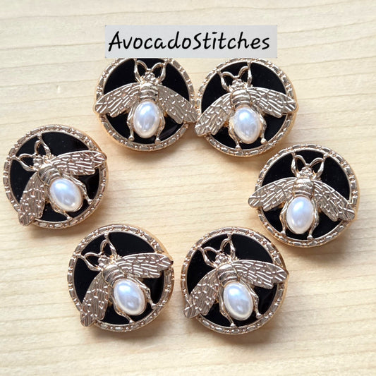 GOLDEN HIVE NOIR / 23mm - 2 buttons / Metal Shank with Imitation Pearls Buttons / Sewing Buttons