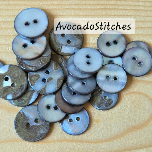 2-Hole GREY Seashell Buttons / 11.5-18mm / Set of 6 Buttons / MOP Shell Buttons / Sewing Buttons