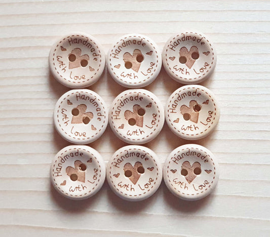 HANDMADE WITH LOVE DASH HEART / 15-25mm / Unvarnished Wooden Buttons / Sewing Buttons