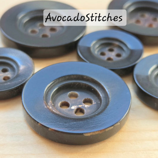 HERITAGE HORN 4-Hole Dark Brown Buffalo Horn Buttons / 15-25mm / Set of 4 buttons / Real Horn Buttons / Natural Sewing Buttons