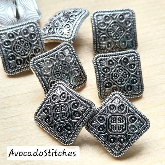 HIMALAYAN SQUARE Antique Silver Shank Buttons / 13*13mm / Set of 10 buttons / Metal Alloy Shank Buttons / Sewing Buttons