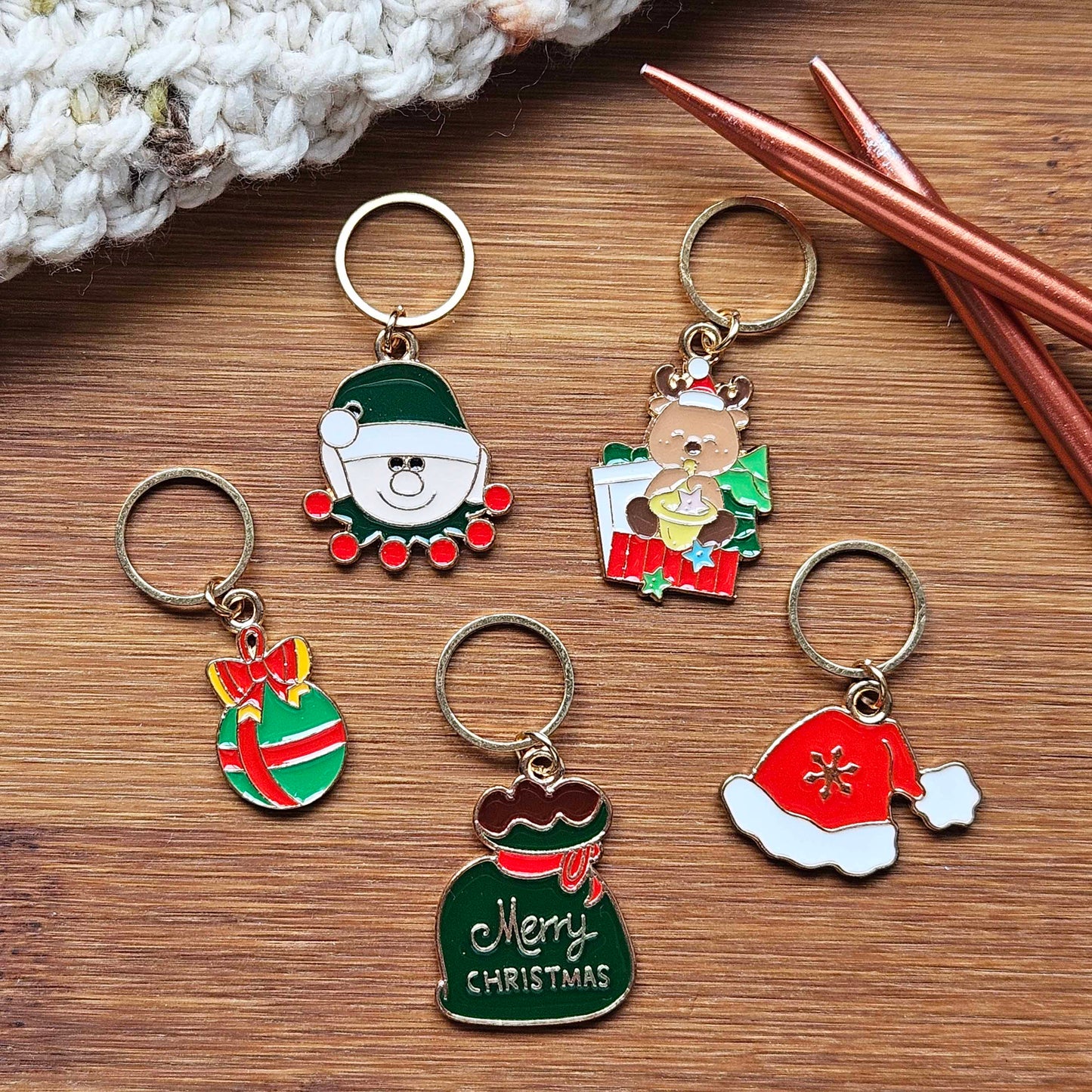 HOLIDAY BEAR & ELF / 5 pieces / Knitting Stitch Markers / Notions