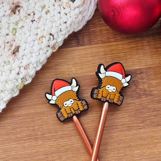 HOLIDAY HIGHLAND COW Stitch Stoppers / Knitting Needle Stoppers / Point Protection / Notions