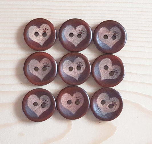 AvoDesigns LOVE PAW / Brown 2-Hole Wooden Buttons / 20mm (Set of 6)