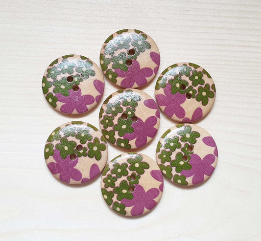 MOM & BABY FLOWERS (Purple) / 30mm -  6 buttons / Wooden Buttons / Sewing Buttons