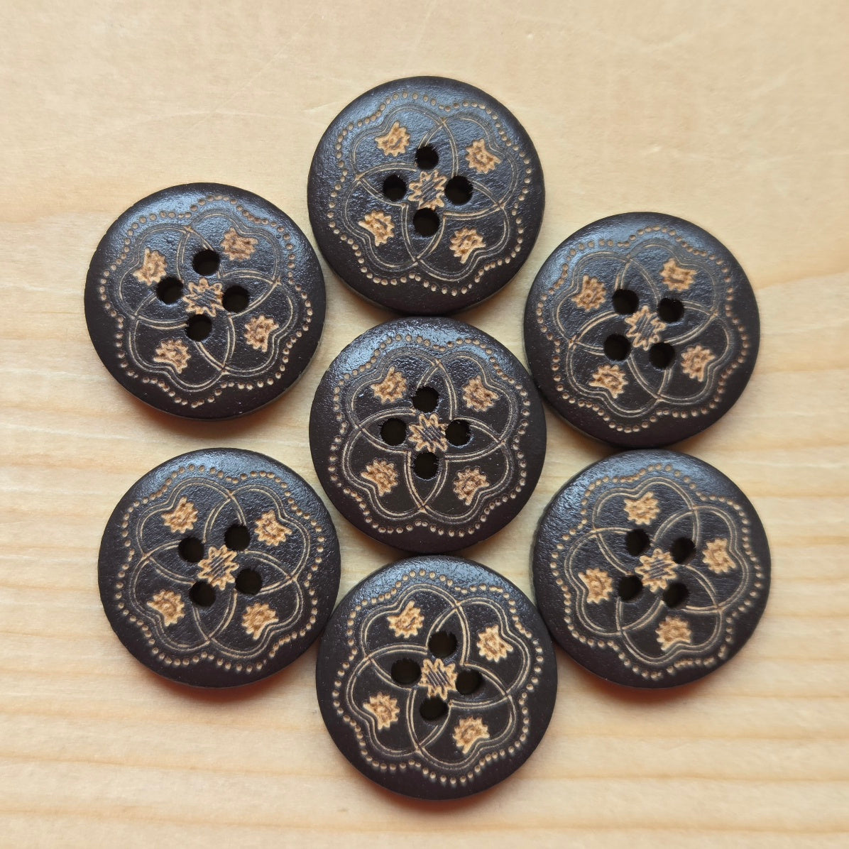 Mandala Gold / Dark Brown Wooden Buttons / 18mm (Set of 6)