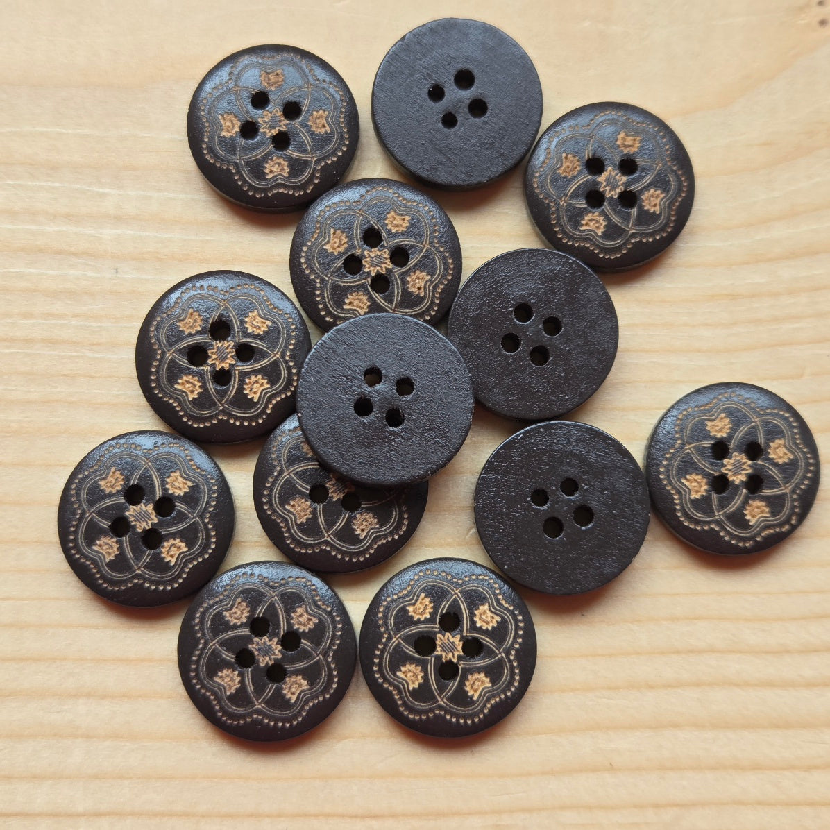 Mandala Gold / Dark Brown Wooden Buttons / 18mm (Set of 6)