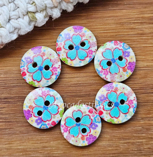 BLUE 5 PETALS / 15mm - 8 buttons / Wooden Buttons / Sewing Buttons (muliflower series)