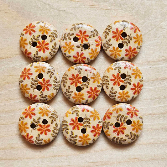 MUSTARD FLORALS / 15mm - 8 buttons / Wooden Buttons / Sewing Buttons (muliflower series)