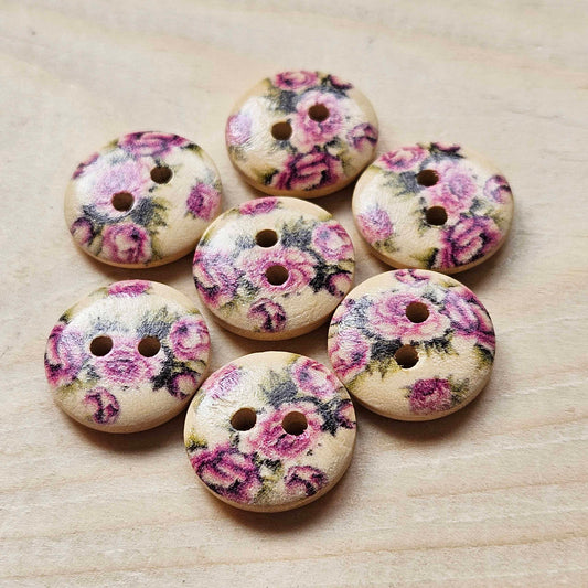 PURPLE ROSES / 15mm - 8 buttons / Wooden Buttons / Sewing Buttons (muliflower series)