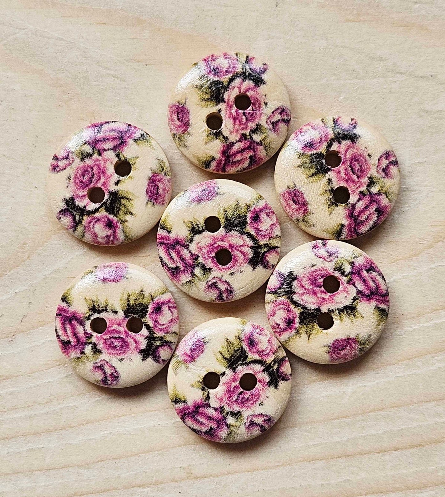 PURPLE ROSES / Wooden Buttons / 15mm (Set of 8)