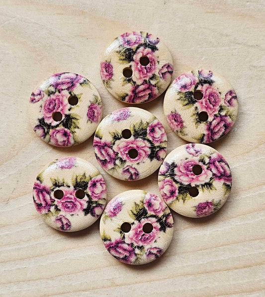 PURPLE ROSES / Wooden Buttons / 15mm (Set of 8)