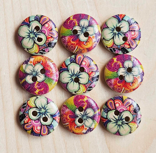 VIVID FLORALS / 15mm - 8 buttons / Wooden Buttons / Sewing Buttons (muliflower series)