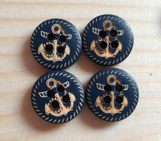 NAVY ANCHOR / Navy Blue 4-Hole Wooden Buttons / 15mm (Set of 8)