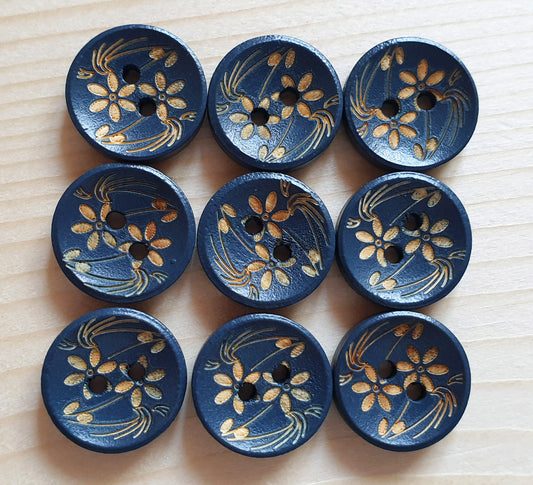 NAVY DAFFODIL / 15mm - 8 buttons / Dark Blue Wooden Buttons / Sewing Buttons