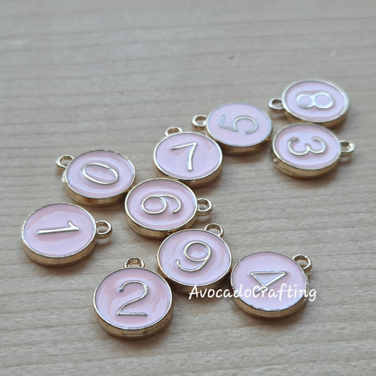 10 pieces (1 set) // Pink Round Number Charms / Whole Set #0-#9 / 12*14mm / Jewelry Making