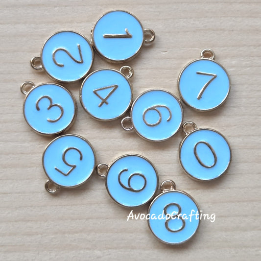 10 pieces (1 set) // Blue Round Number Charms / Whole Set #0-#9 / 12*14mm / Jewelry Making